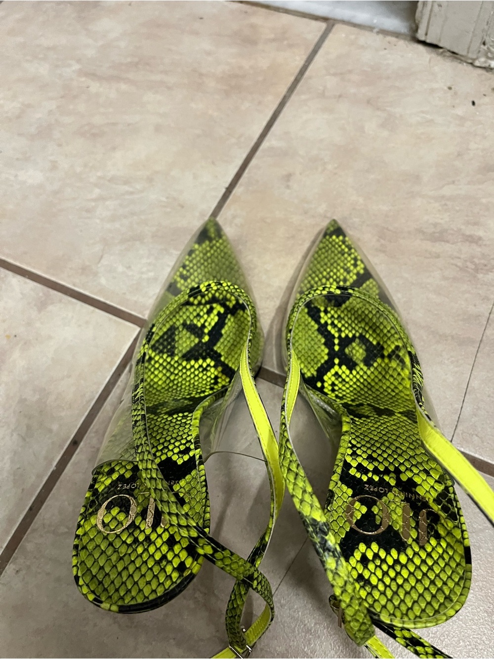 Neon Yellow Snake-Print Pointed Toe Slingback Heels